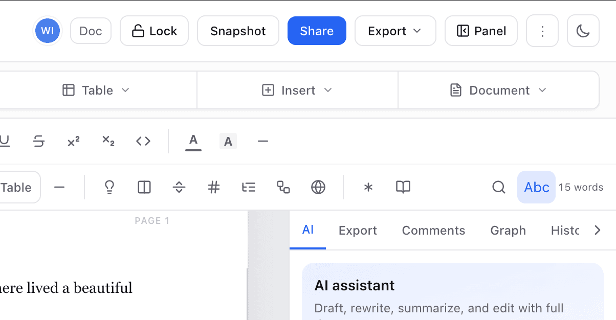 Editor toolbar with Share, Lock, Snapshot, and Export actions beside the AI panel.