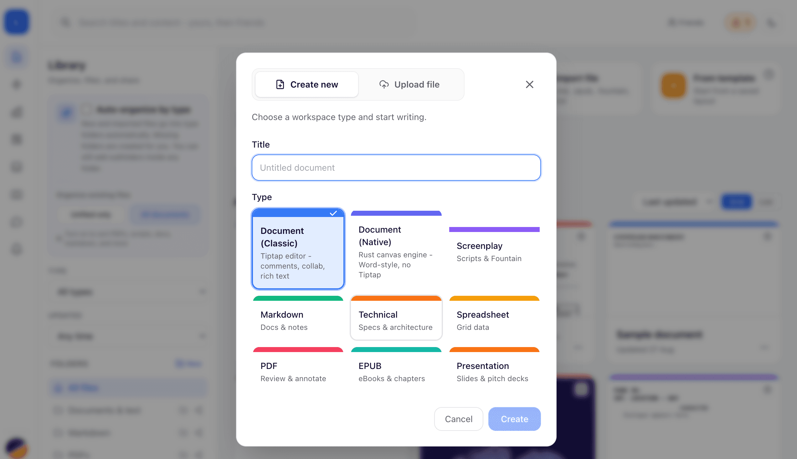 Create new dialog listing document types including prose, screenplay, PDF, EPUB, and presentation.